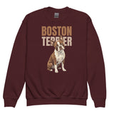 Brown Boston Terrier Dog Youth Crewneck Sweatshirt . Maroon