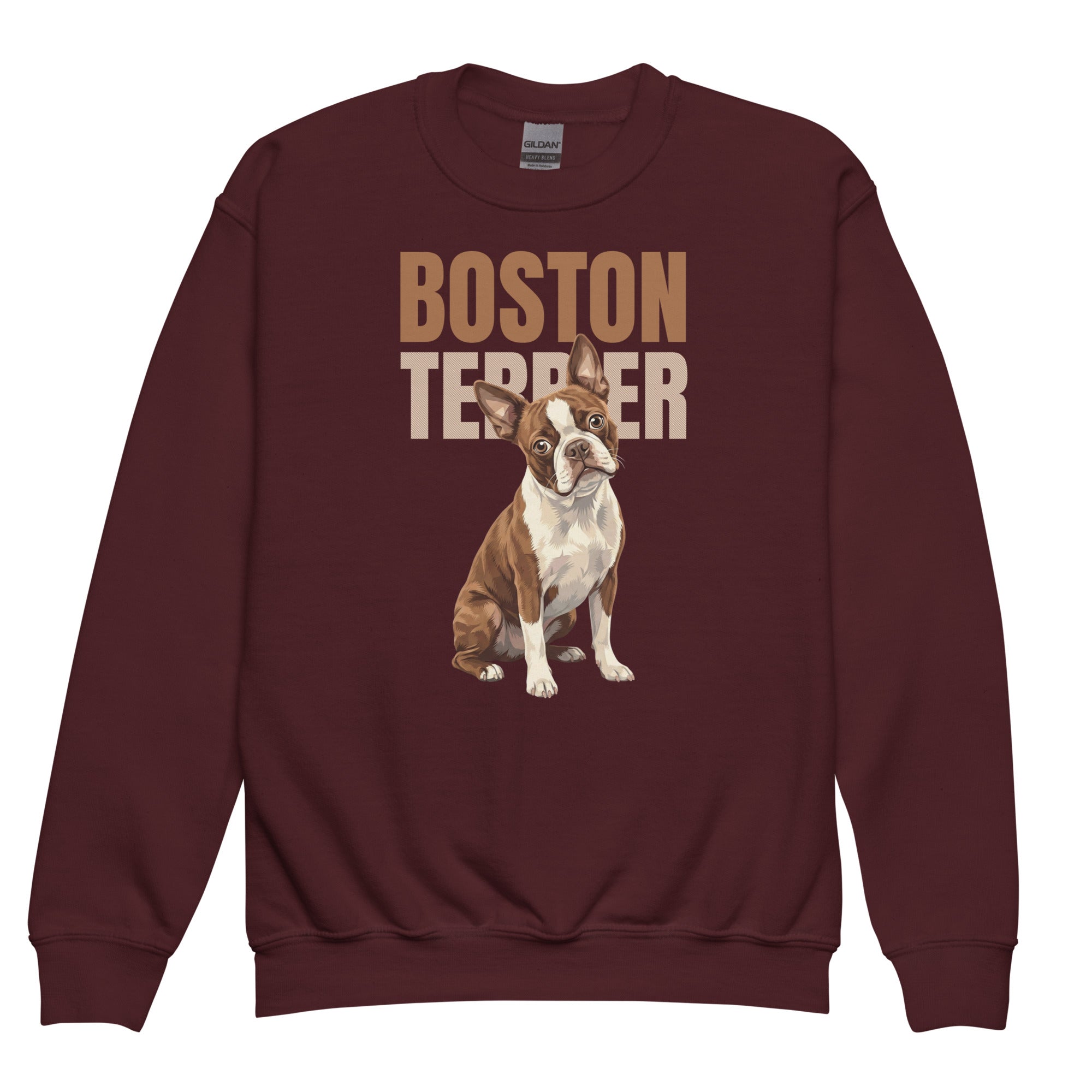 Brown Boston Terrier Dog Youth Crewneck Sweatshirt . Maroon