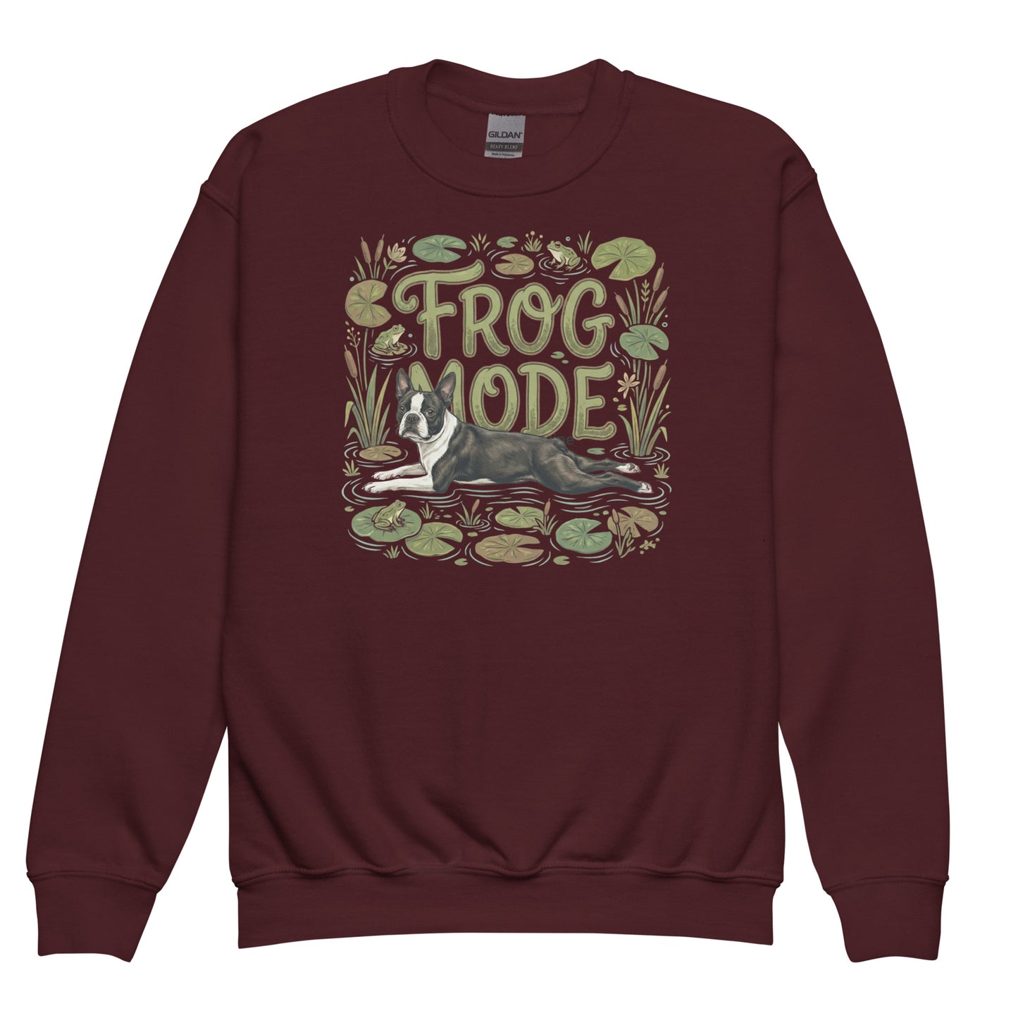 Frog Mode Boston Terrier Dog Frog Legs Youth Crewneck Sweatshirt . Maroon