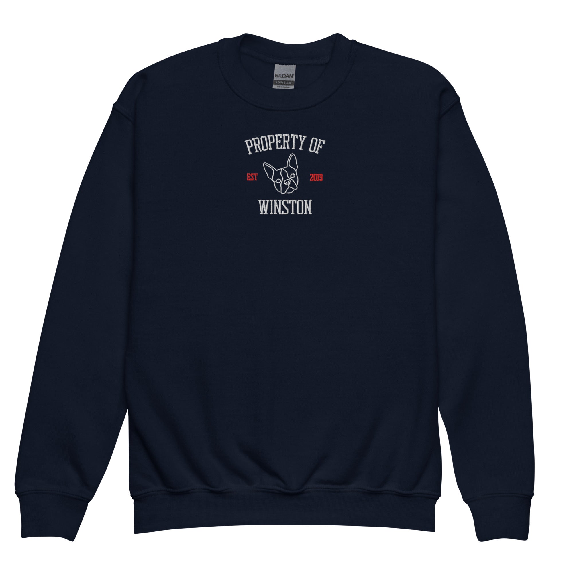 Property Of My Dog Custom Embroidered Youth Crewneck Sweatshirt . Navy