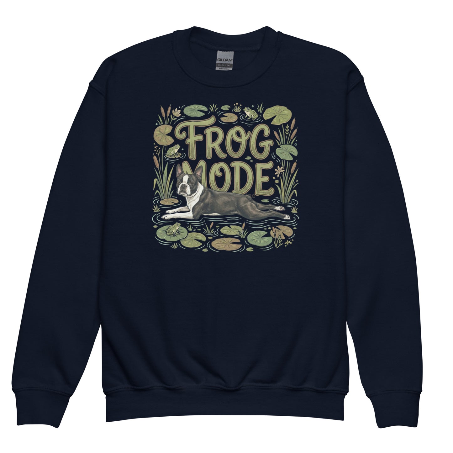 Frog Mode Boston Terrier Dog Frog Legs Youth Crewneck Sweatshirt . Navy