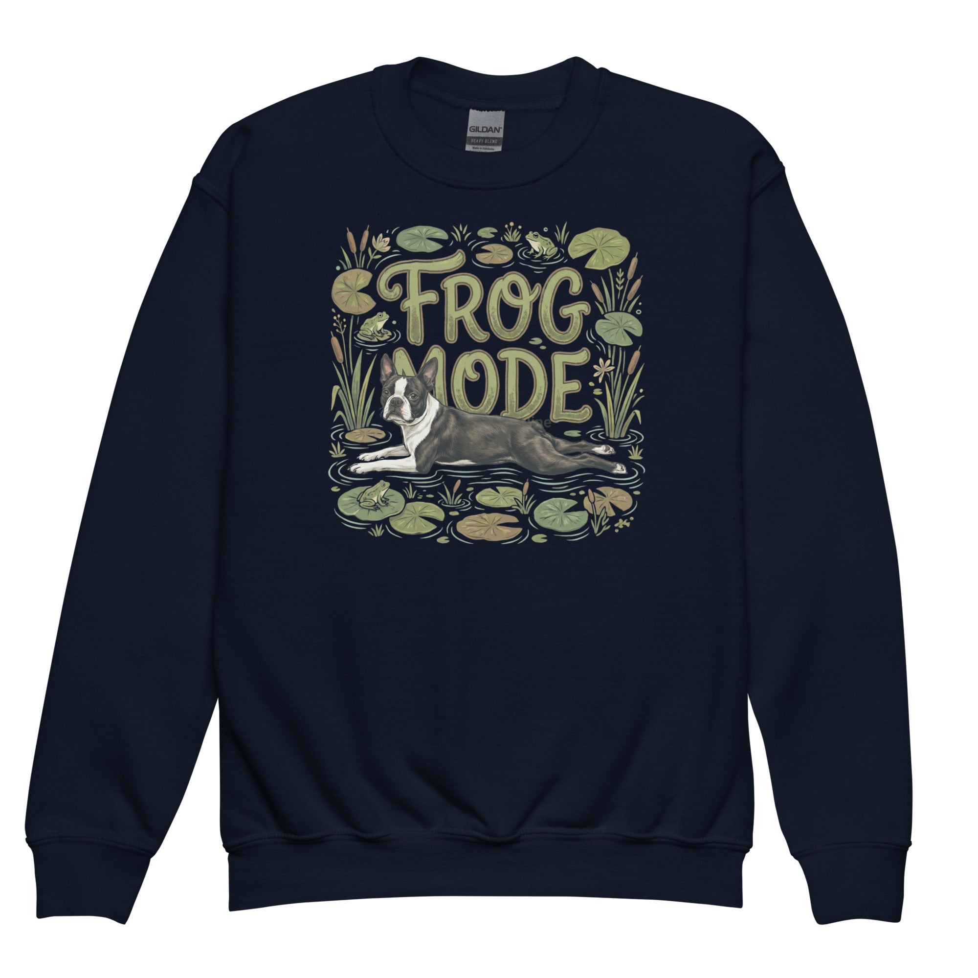 Frog Mode Boston Terrier Dog Frog Legs Youth Crewneck Sweatshirt . Navy