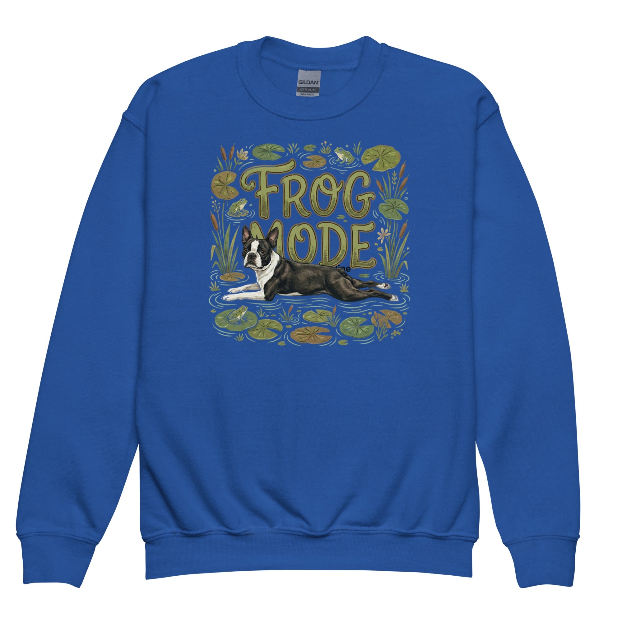 Frog Mode Boston Terrier Dog Frog Legs Youth Crewneck Sweatshirt . Royal