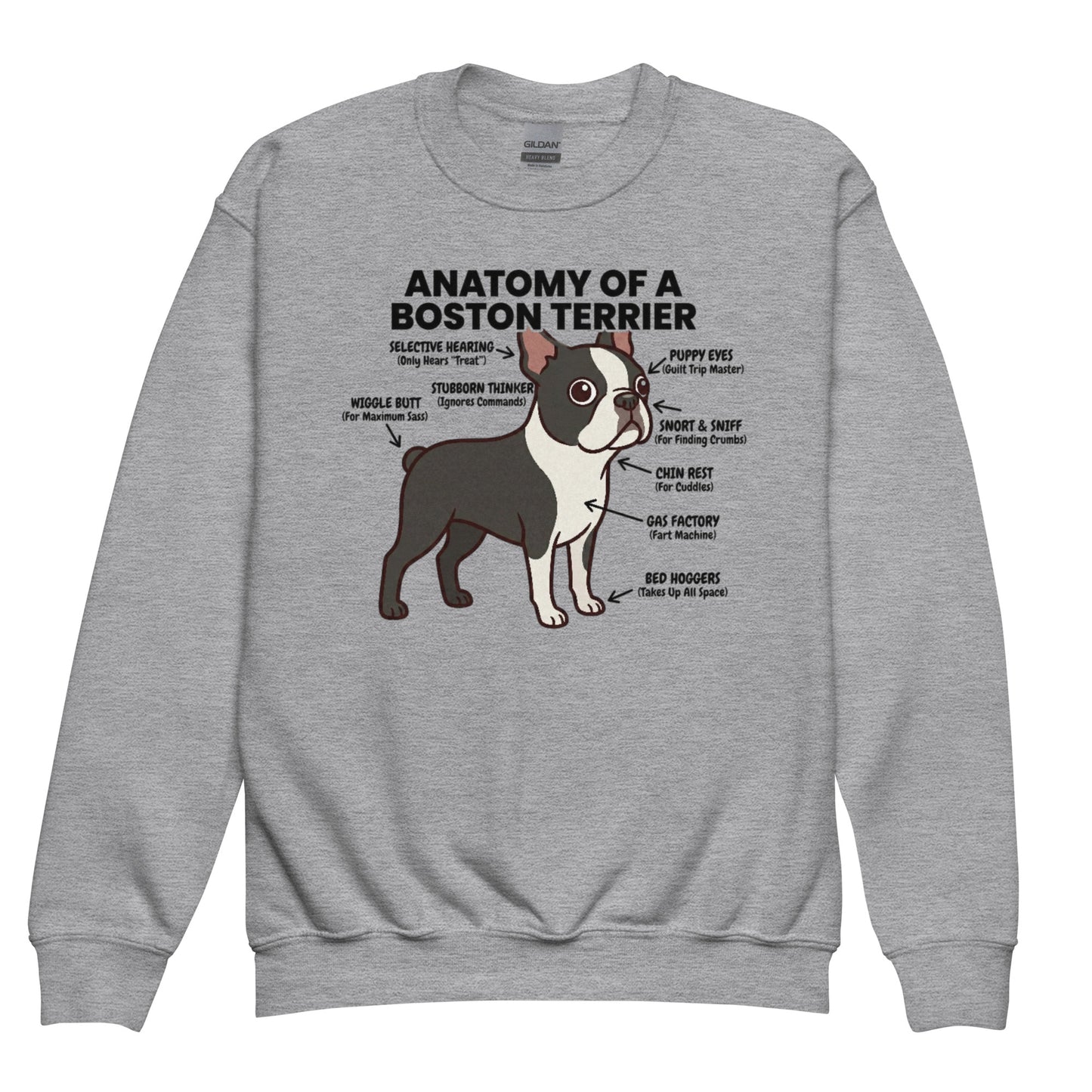 Boston Terrier Anatomy Illustrated Youth Crewneck Sweatshirt . Sport Grey