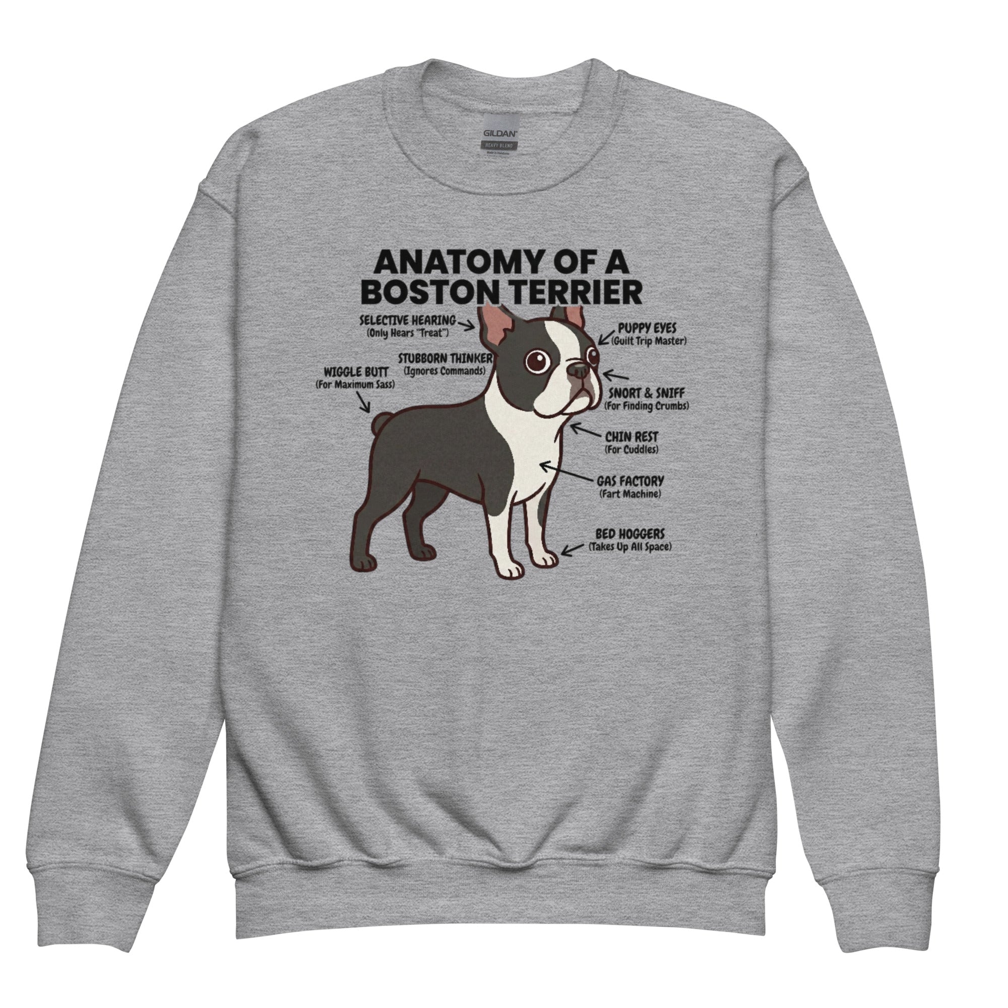 Boston Terrier Anatomy Illustrated Youth Crewneck Sweatshirt . Sport Grey