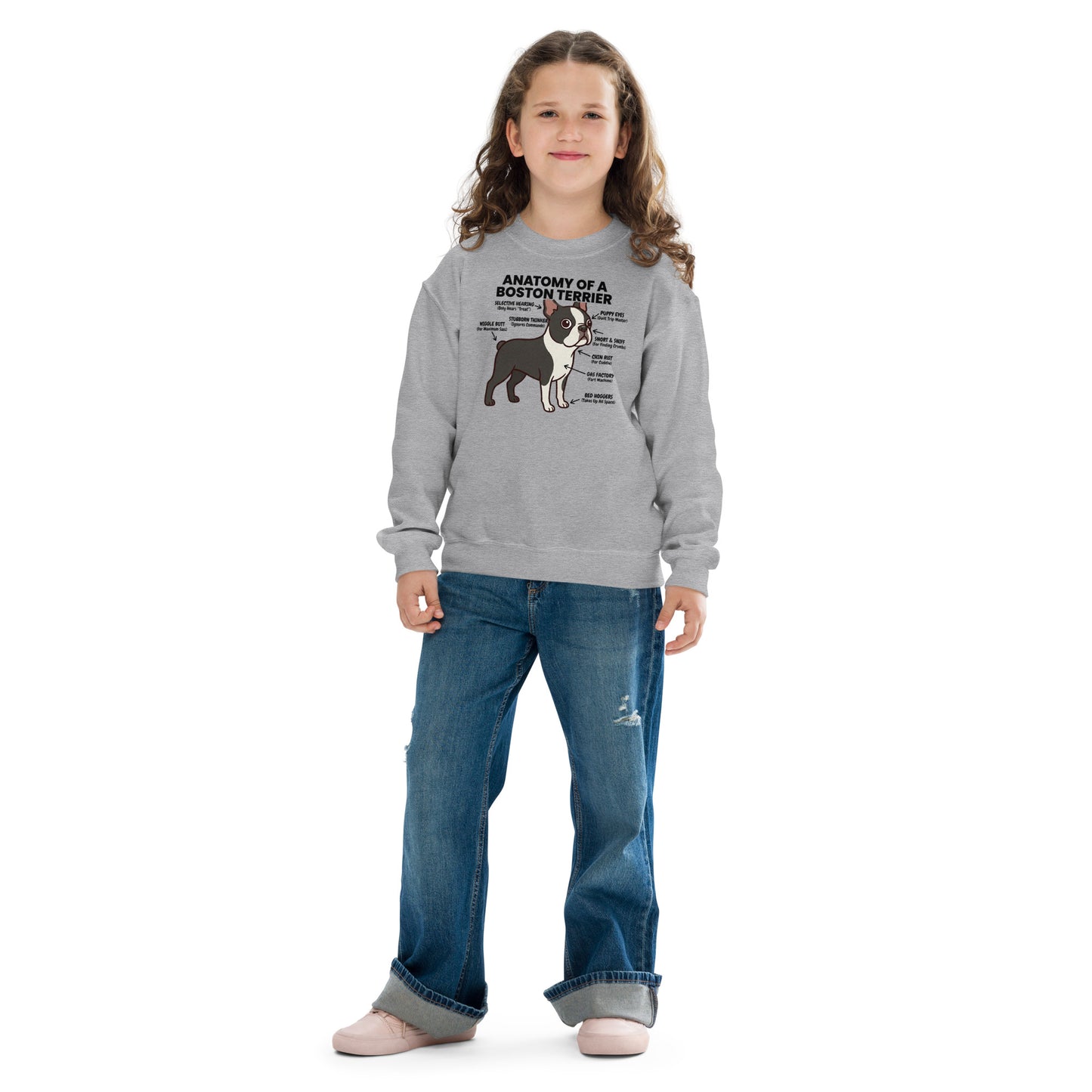 Boston Terrier Anatomy Illustrated Youth Crewneck Sweatshirt .