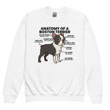Boston Terrier Anatomy Illustrated Youth Crewneck Sweatshirt . White
