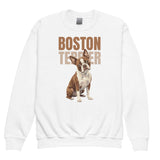 Brown Boston Terrier Dog Youth Crewneck Sweatshirt . White