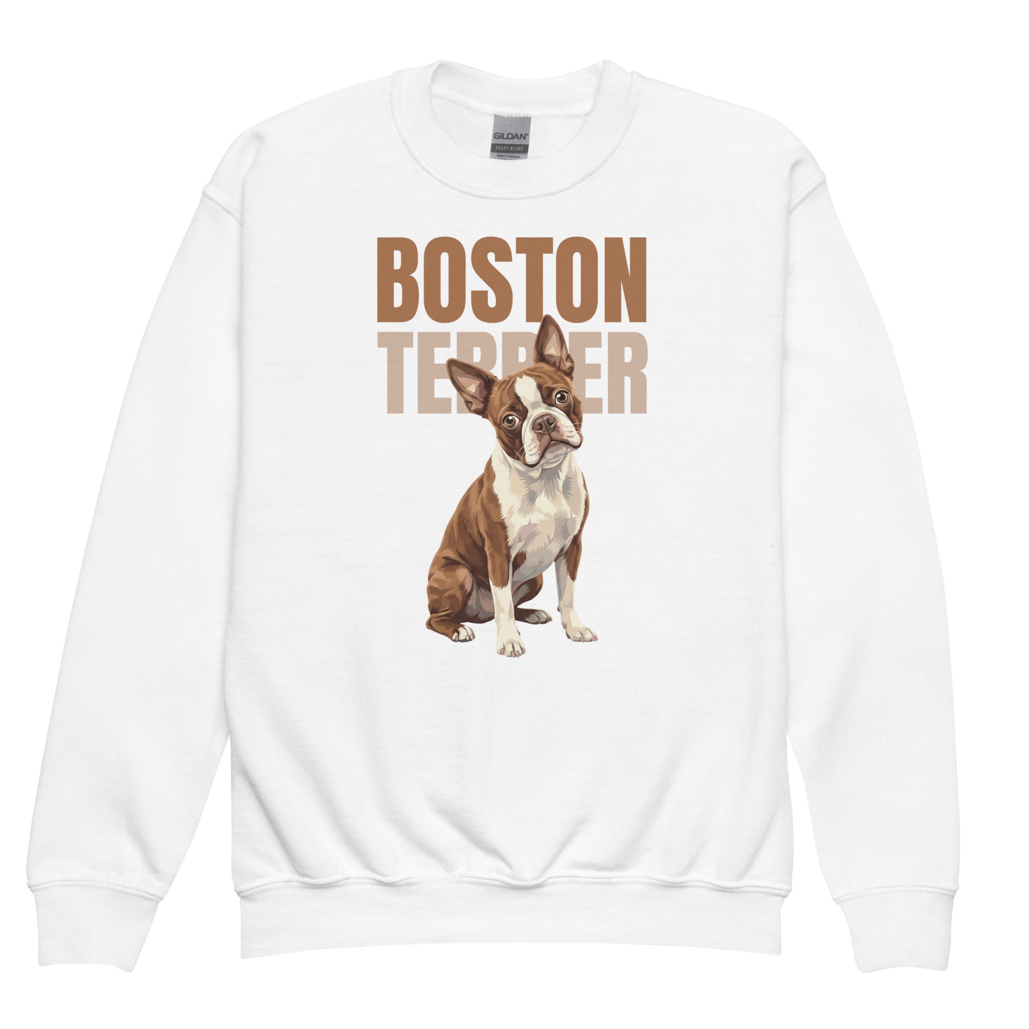 Brown Boston Terrier Dog Youth Crewneck Sweatshirt . White