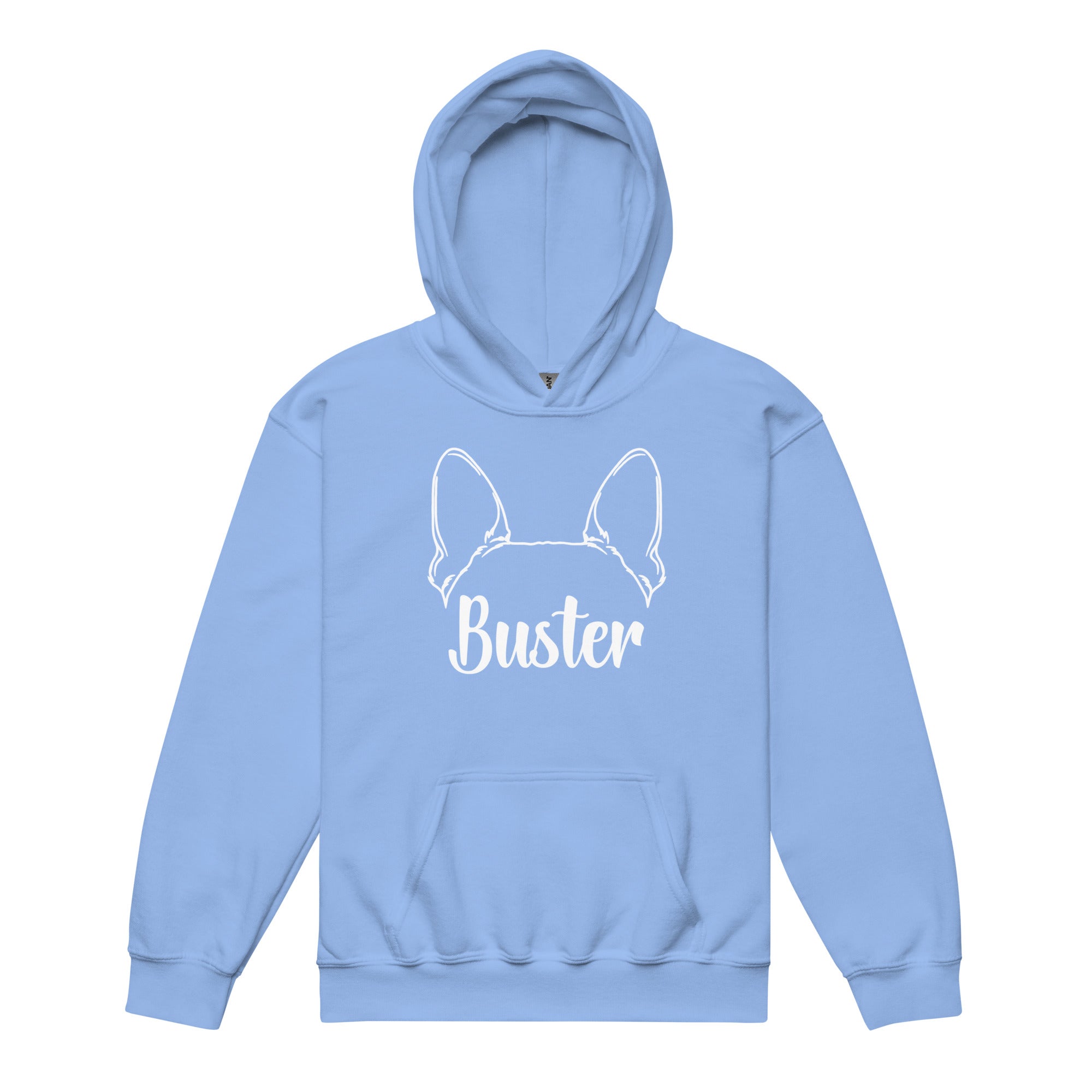 Big Ears With Boston Terrier Name - Personalized Youth Heavy Blend Hoodie . Carolina Blue
