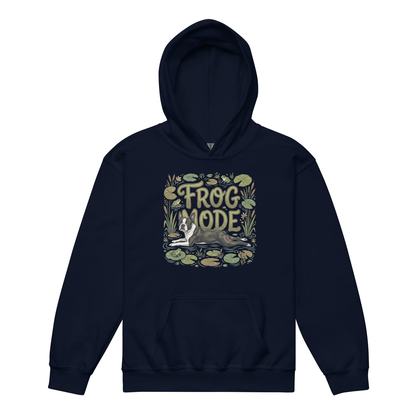 Frog Mode Boston Terrier Dog Frog Legs Youth Heavy Blend Hoodie . Navy