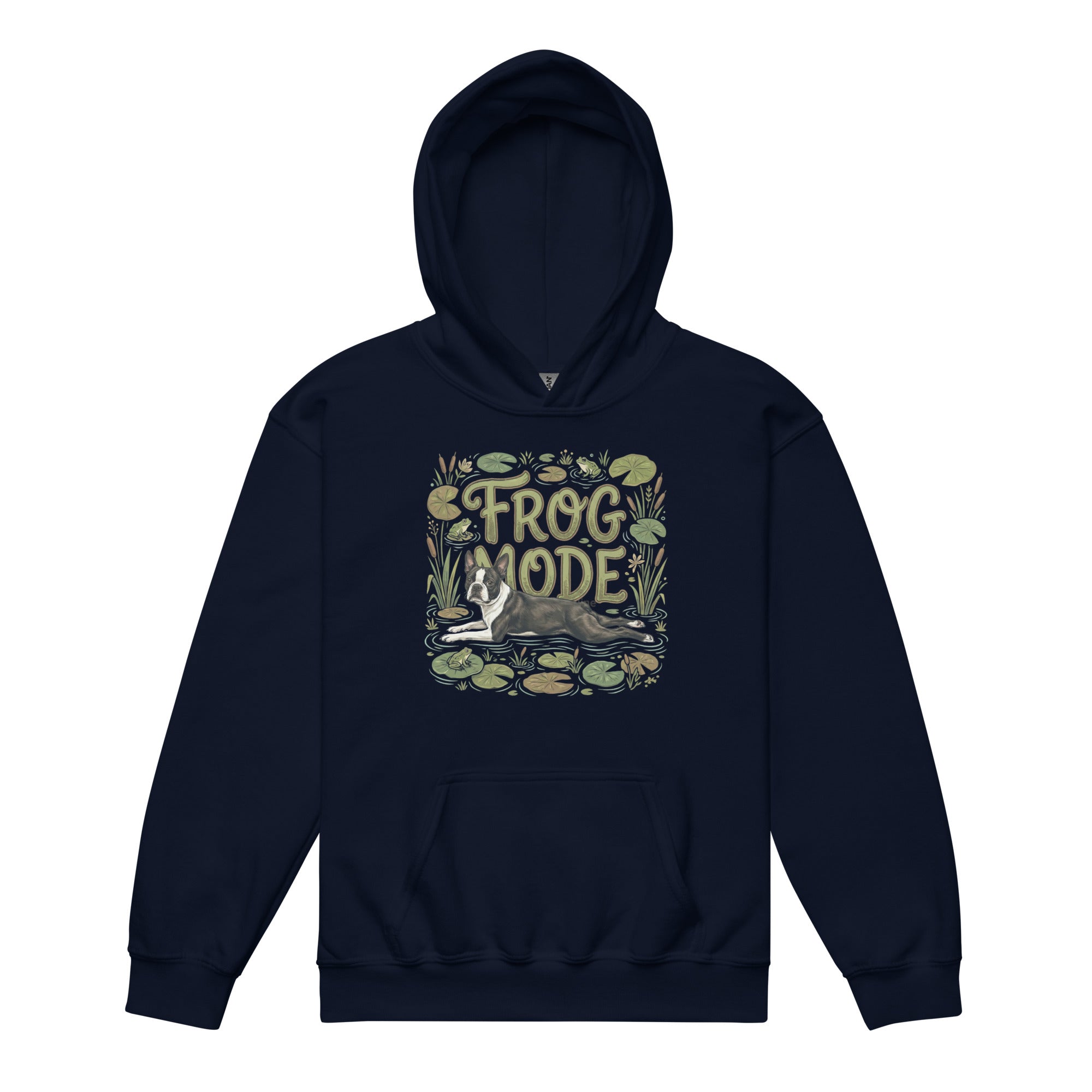 Frog Mode Boston Terrier Dog Frog Legs Youth Heavy Blend Hoodie . Navy