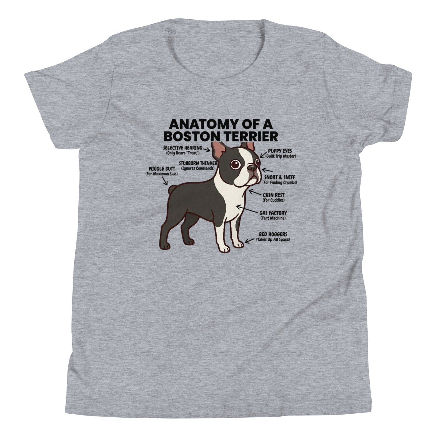 Boston Terrier Anatomy Illustrated Youth Short Sleeve T-Shirt . Athletic Heather