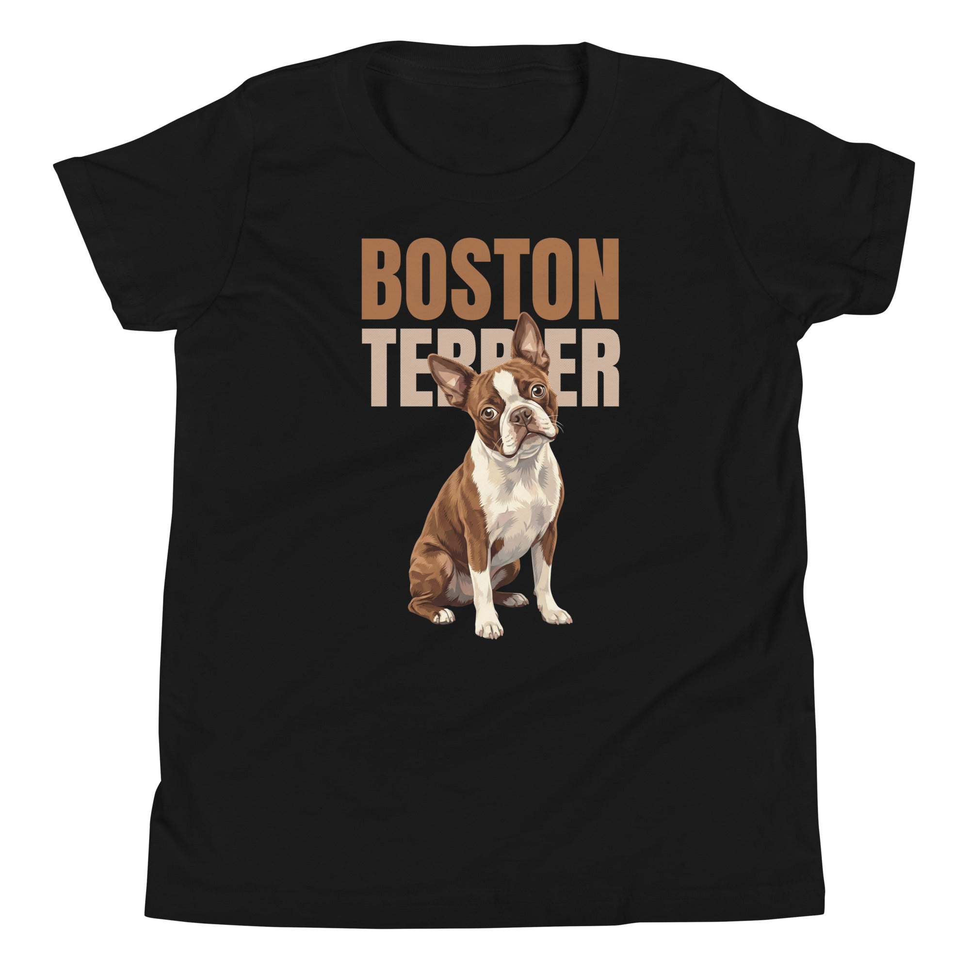 Brown Boston Terrier Dog Youth Short Sleeve T-Shirt . Black