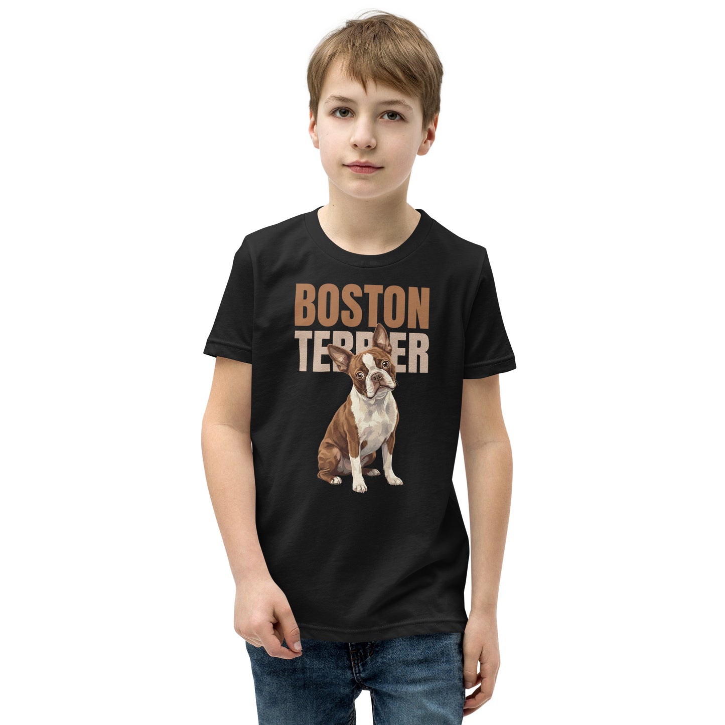 Brown Boston Terrier Dog Youth Short Sleeve T-Shirt .