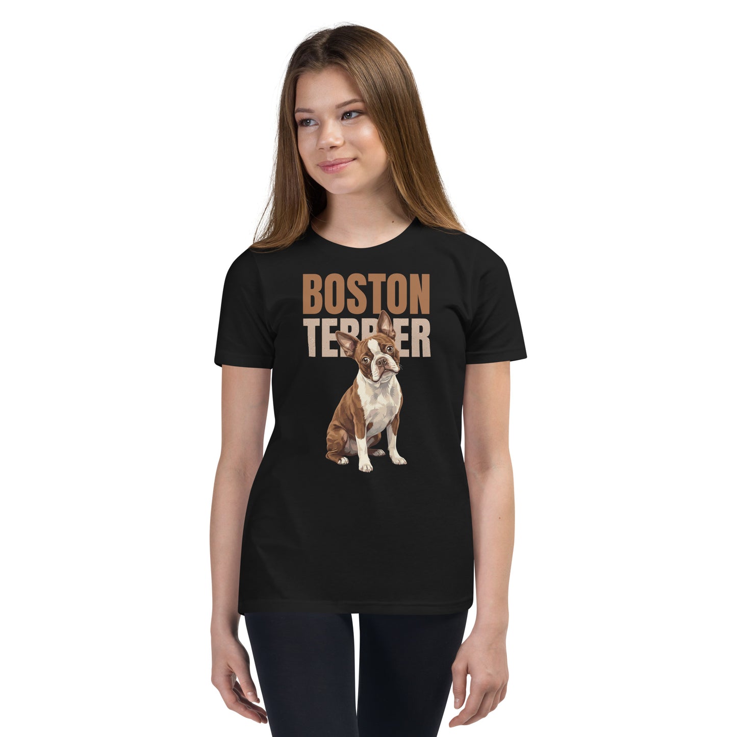 Brown Boston Terrier Dog Youth Short Sleeve T-Shirt .