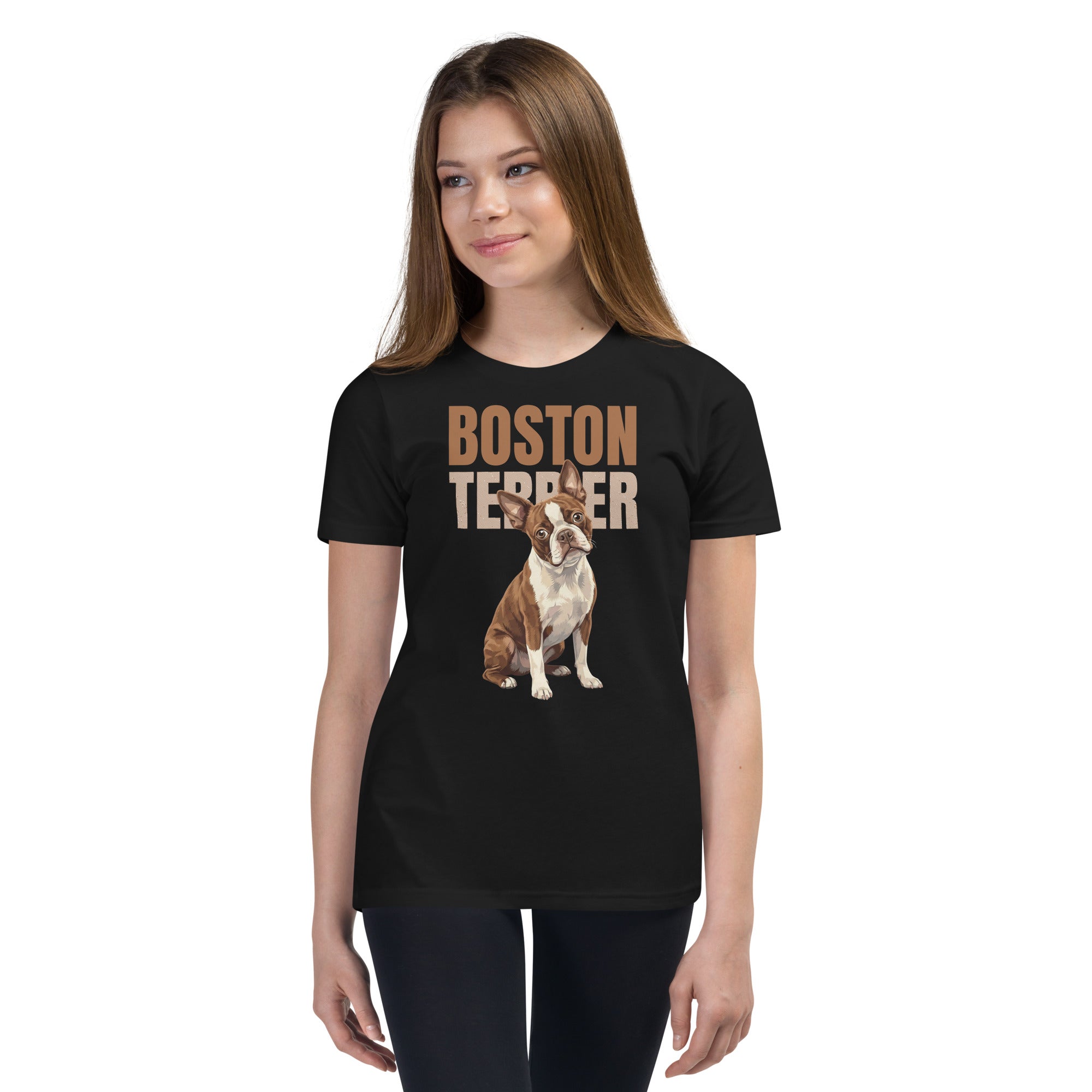 Brown Boston Terrier Dog Youth Short Sleeve T-Shirt .