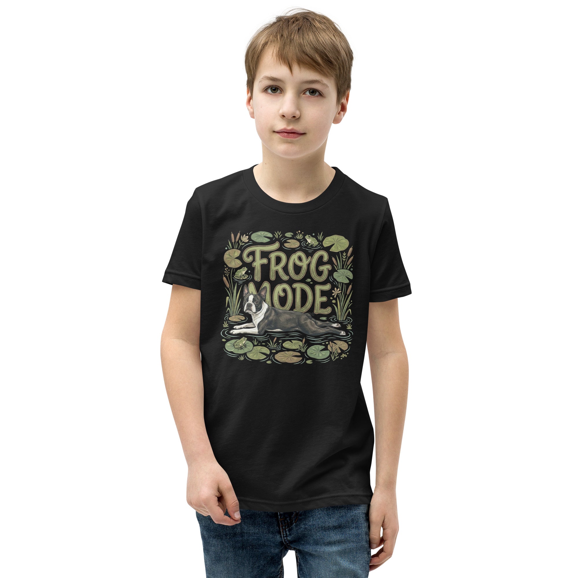 Frog Mode Boston Terrier Dog Frog Legs Youth Short Sleeve T-Shirt .