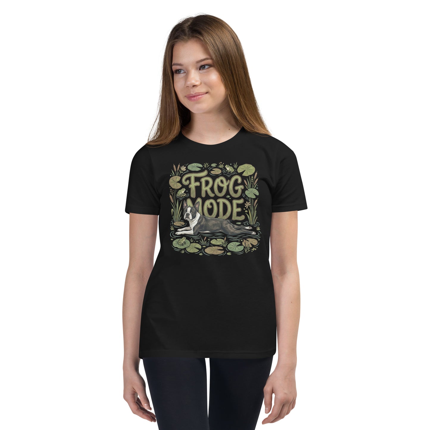 Frog Mode Boston Terrier Dog Frog Legs Youth Short Sleeve T-Shirt .