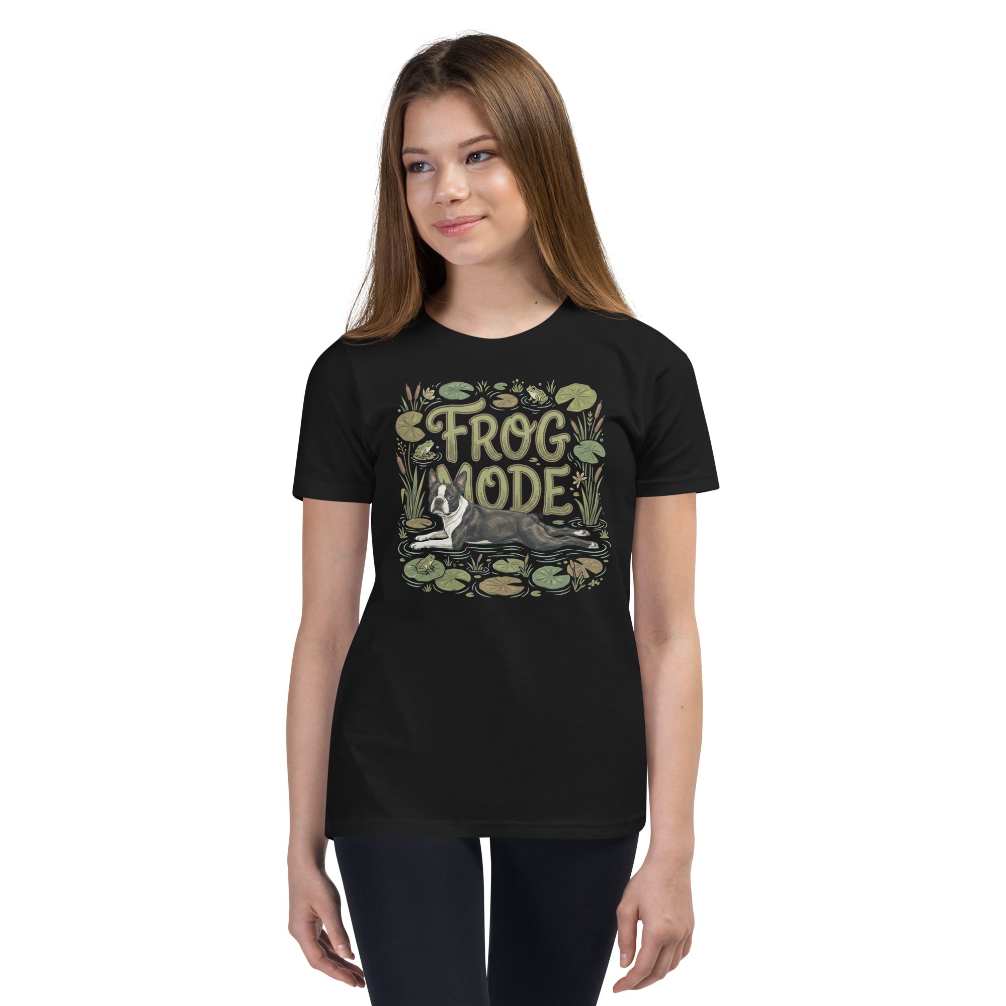 Frog Mode Boston Terrier Dog Frog Legs Youth Short Sleeve T-Shirt .