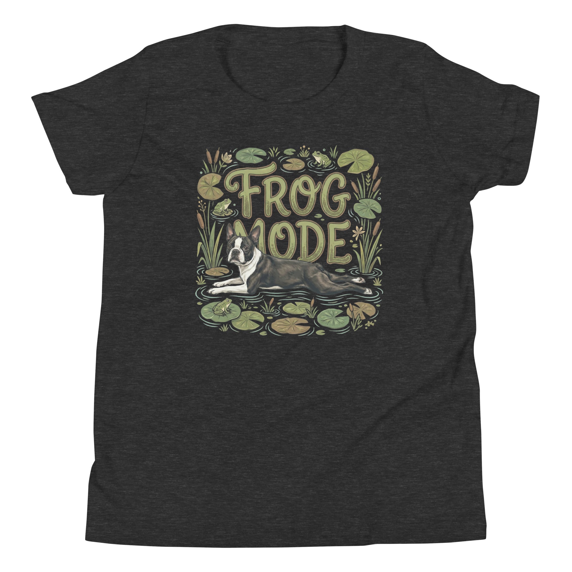 Frog Mode Boston Terrier Dog Frog Legs Youth Short Sleeve T-Shirt . Dark Grey Heather