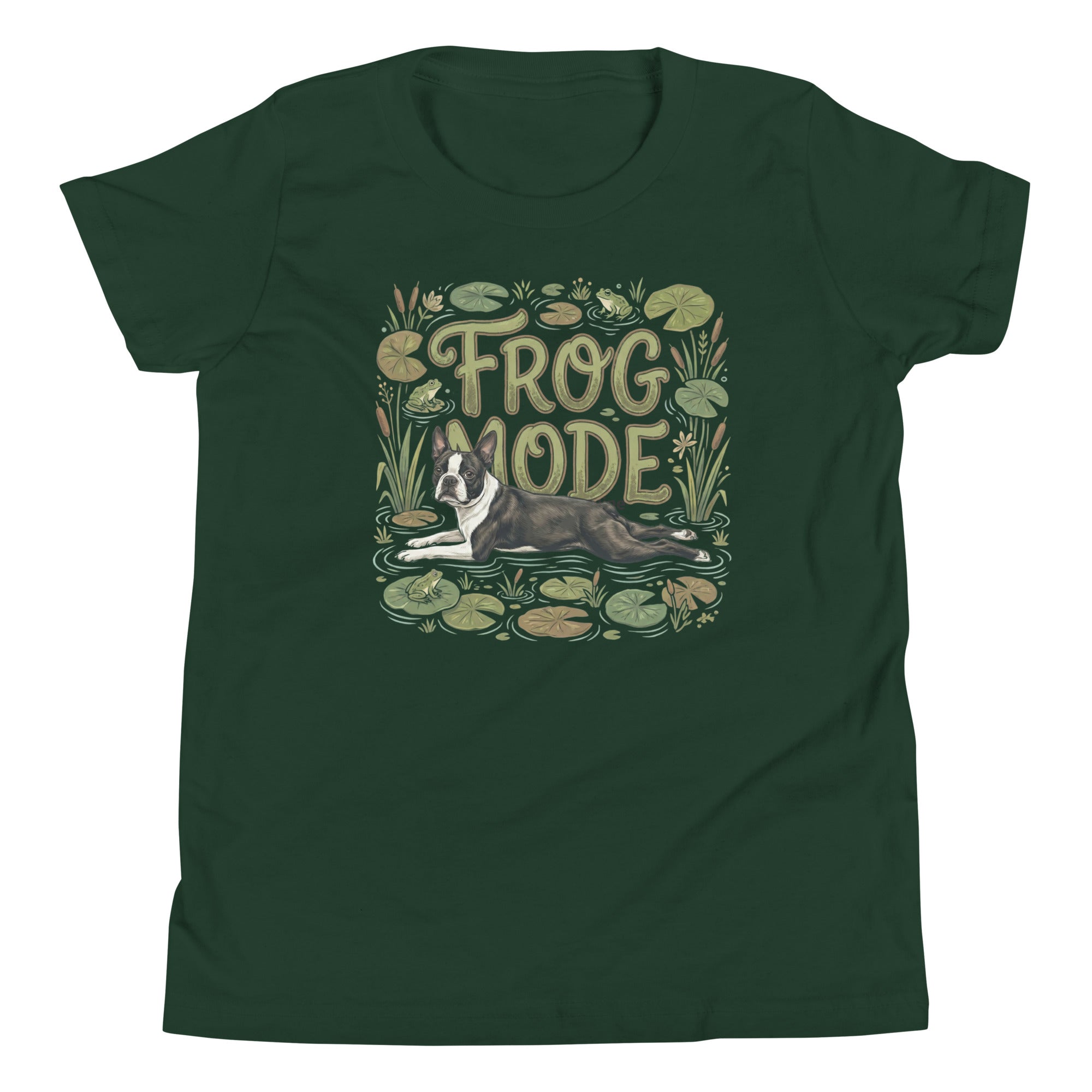 Frog Mode Boston Terrier Dog Frog Legs Youth Short Sleeve T-Shirt . Forest