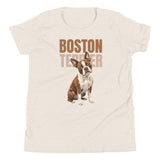 Brown Boston Terrier Dog Youth Short Sleeve T-Shirt . Heather Dust