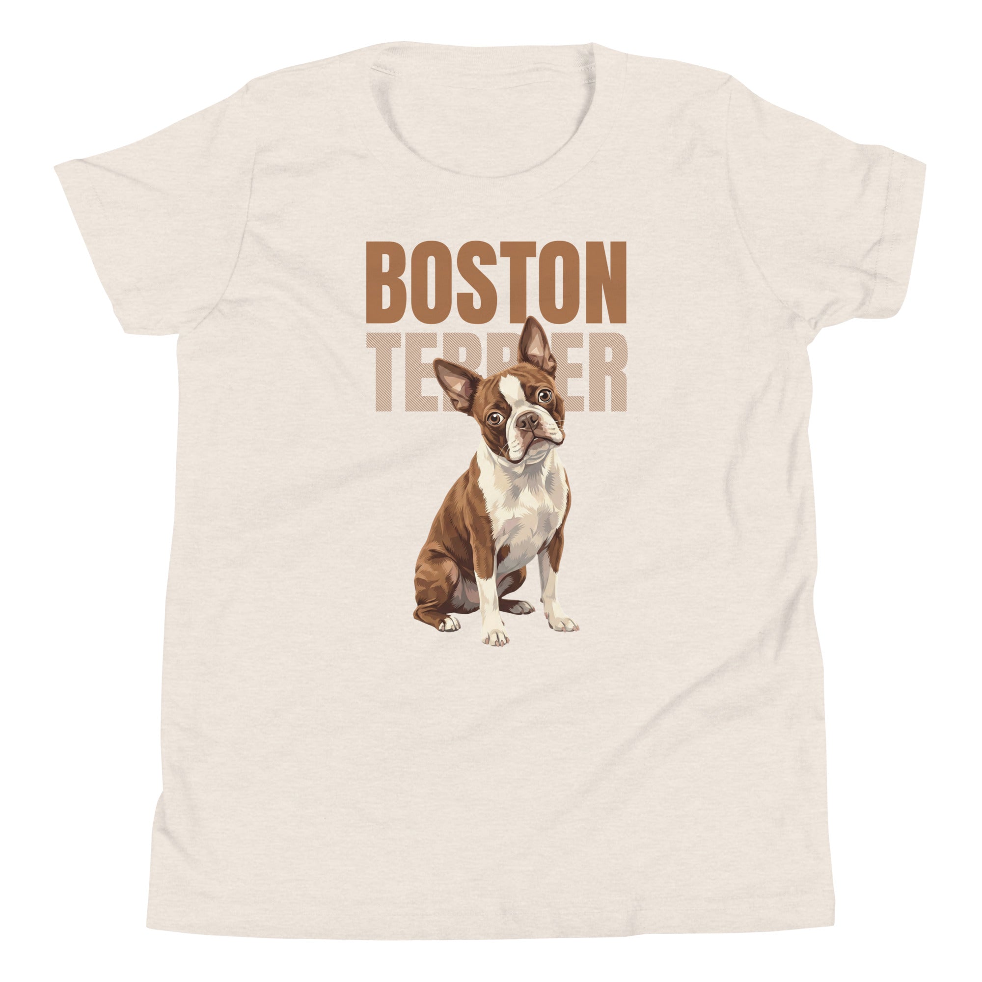 Brown Boston Terrier Dog Youth Short Sleeve T-Shirt . Heather Dust