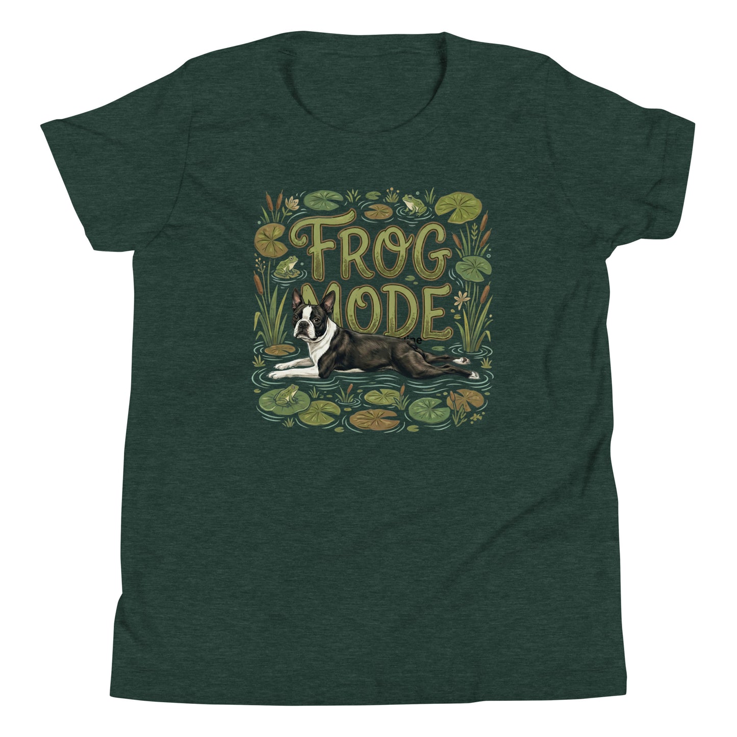 Frog Mode Boston Terrier Dog Frog Legs Youth Short Sleeve T-Shirt . Heather Forest