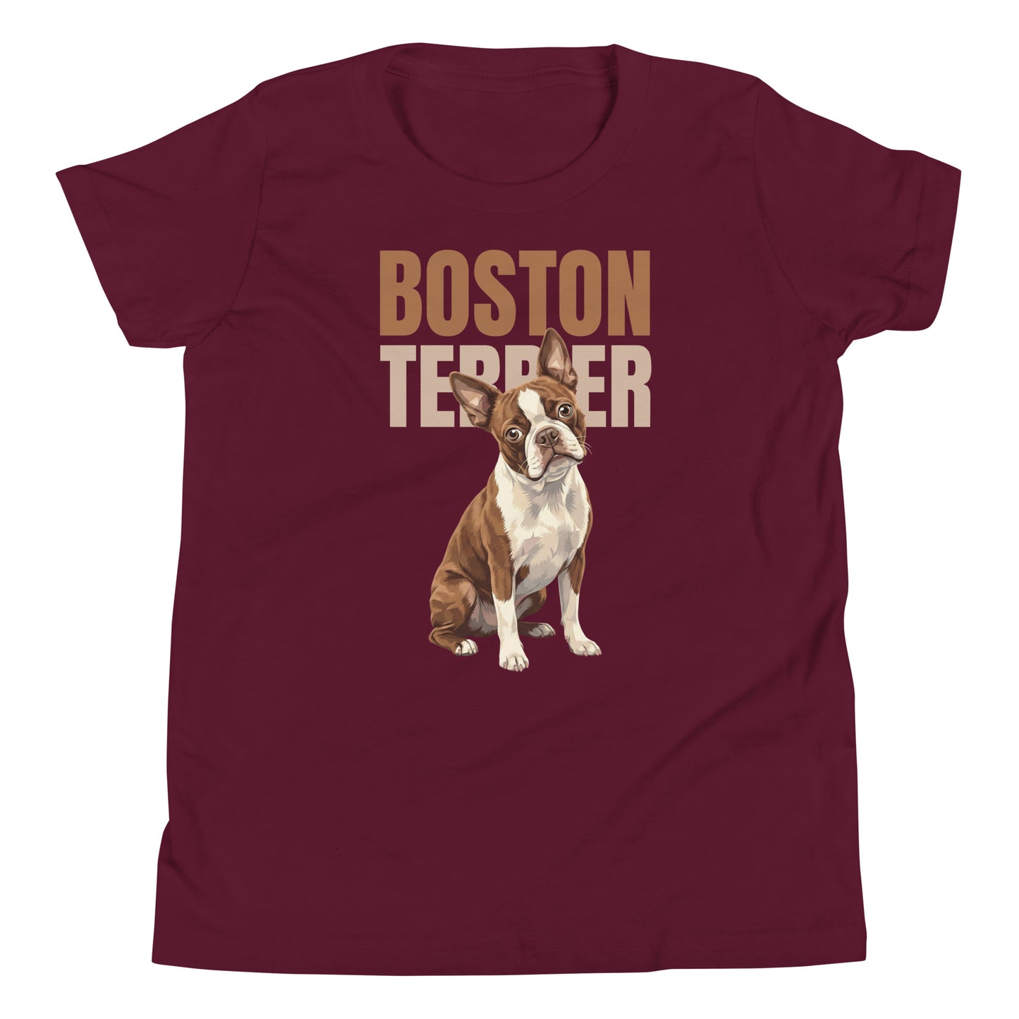 Brown Boston Terrier Dog Youth Short Sleeve T-Shirt . Maroon