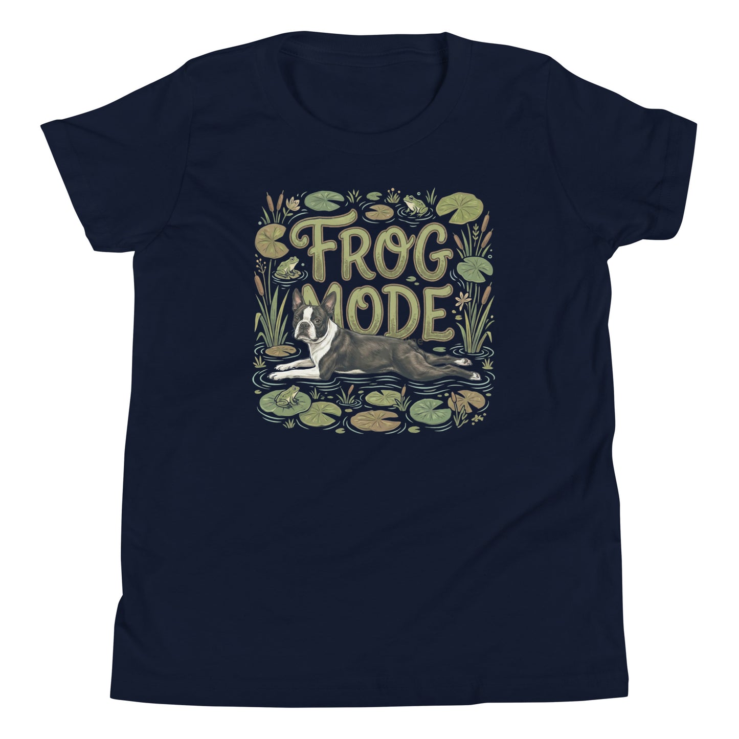Frog Mode Boston Terrier Dog Frog Legs Youth Short Sleeve T-Shirt . Navy