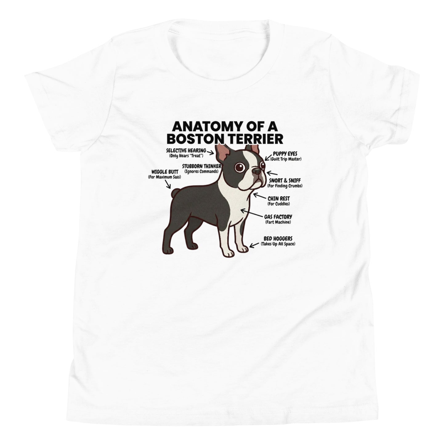 Boston Terrier Anatomy Illustrated Youth Short Sleeve T-Shirt . White