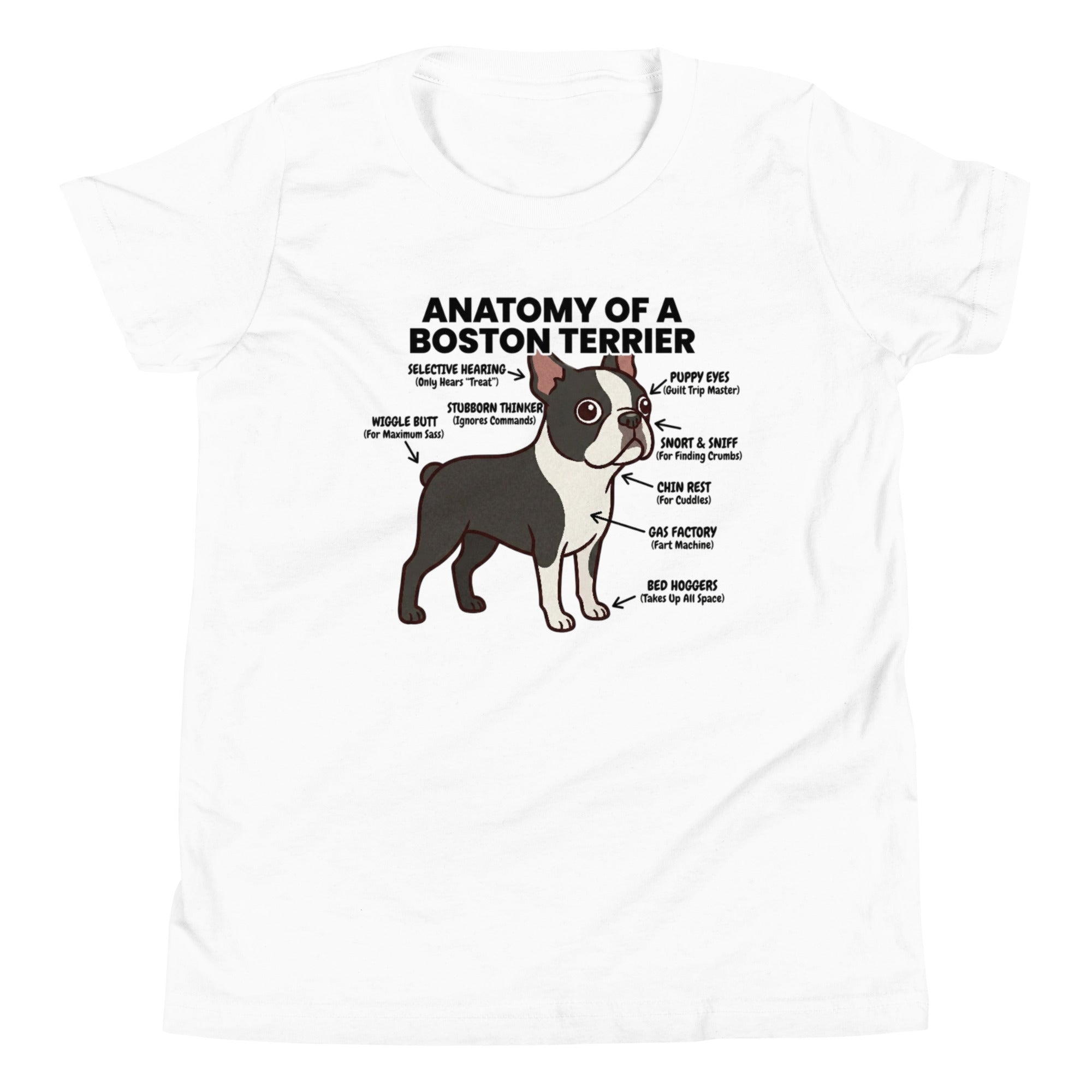 Boston Terrier Anatomy Illustrated Youth Short Sleeve T-Shirt . White