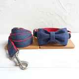 Cowboy Denim Red Dog Collar Bow Tie Leash Set