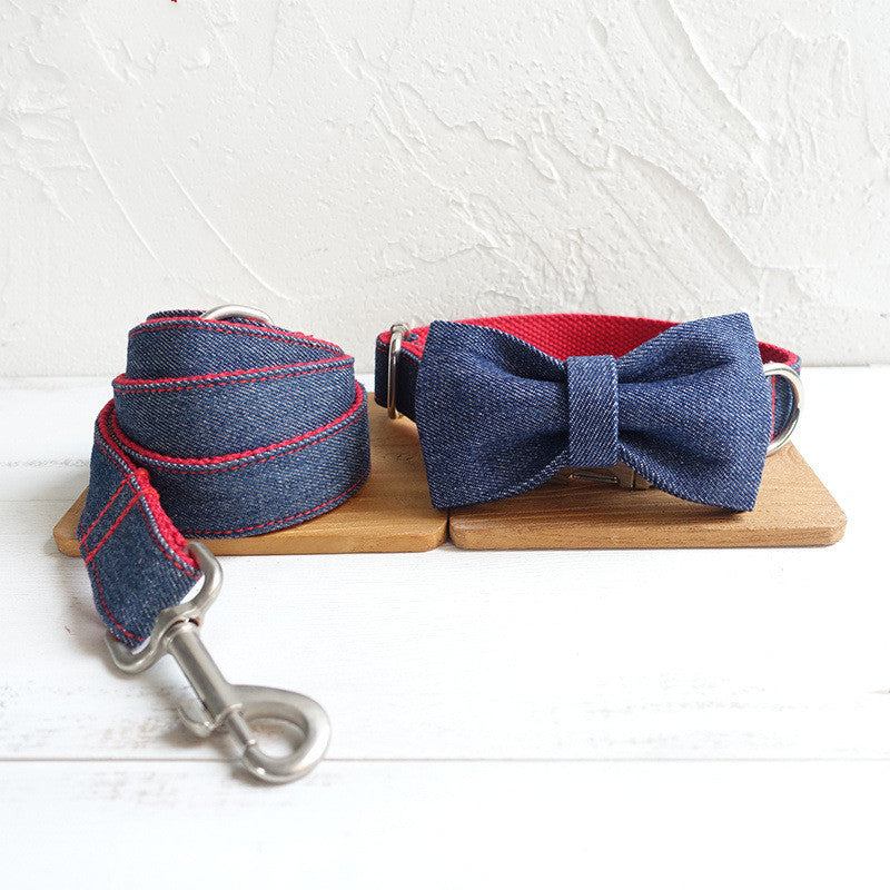 Cowboy Denim Red Dog Collar Bow Tie Leash Set