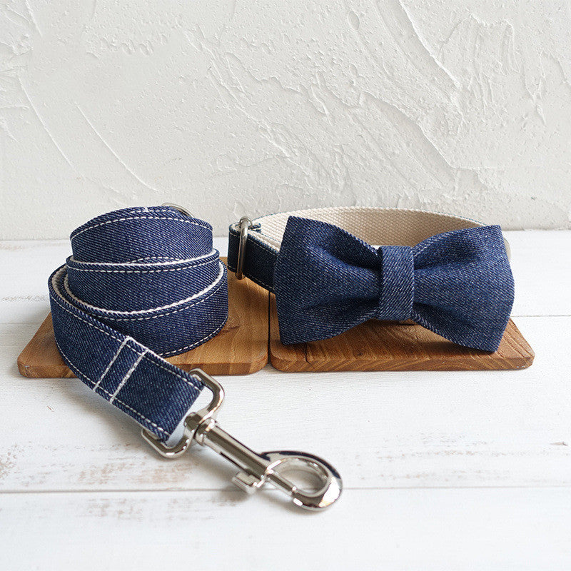 Cowboy Denim White Dog Collar Bow Tie Leash Set