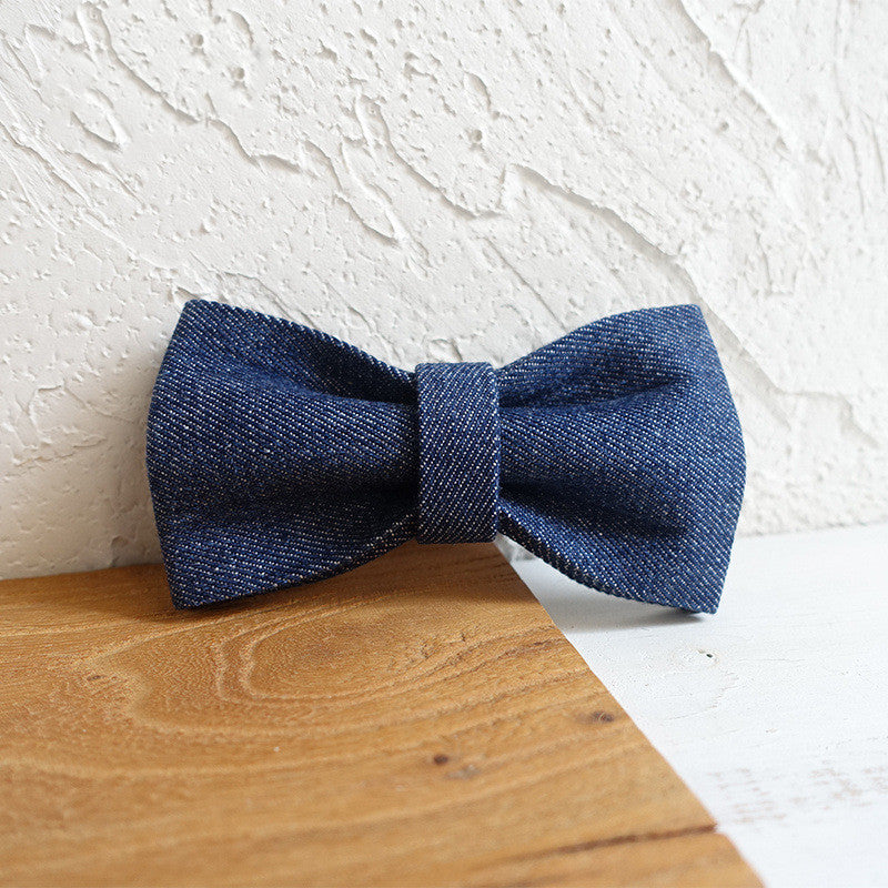 Cowboy Denim White Dog Collar Bow Tie Leash Set