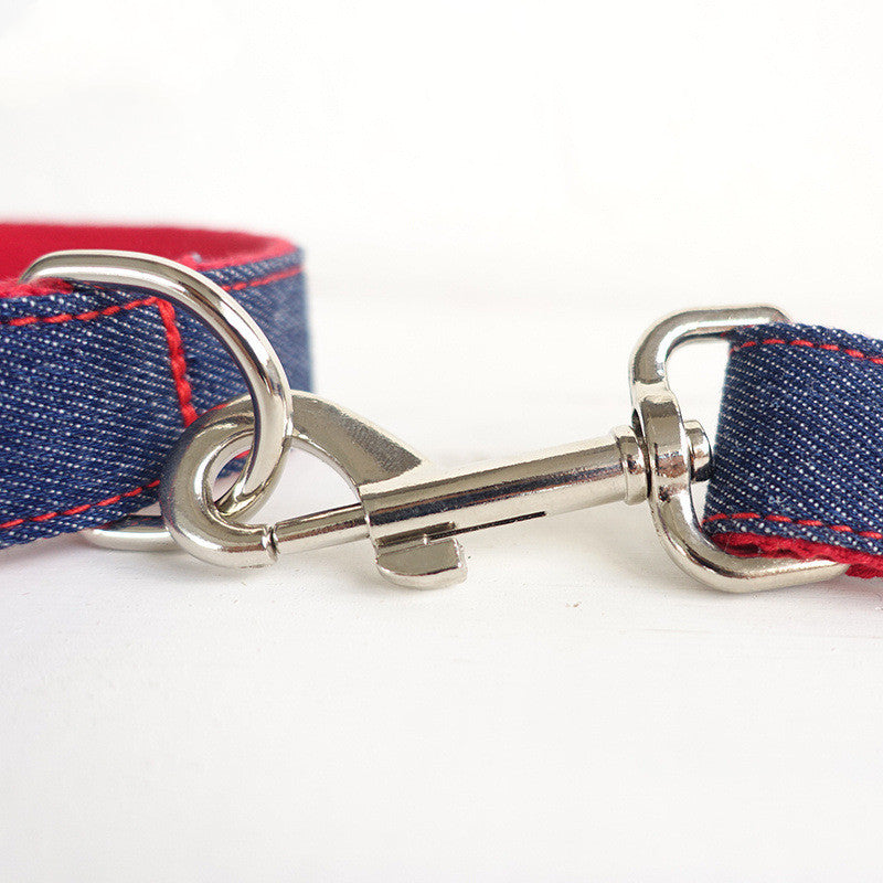 Cowboy Denim Red Dog Collar Bow Tie Leash Set