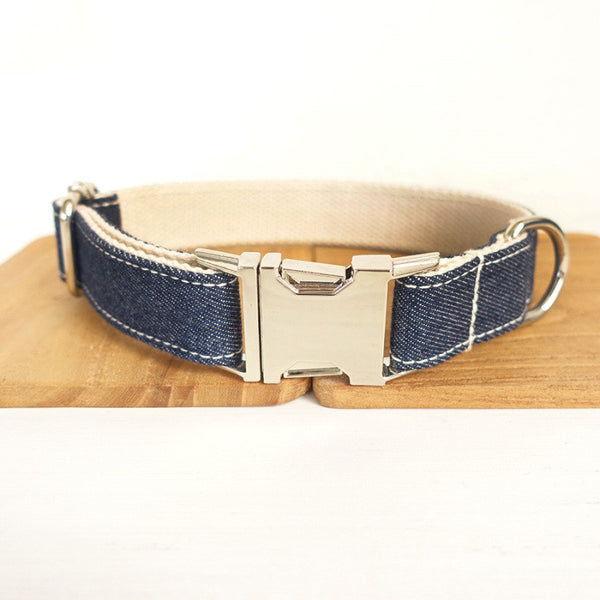 Cowboy Denim White Dog Collar Bow Tie Leash Set