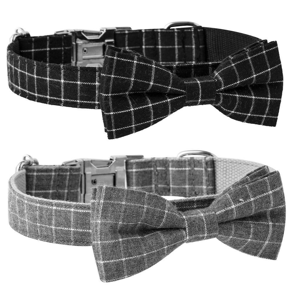 Plaid Dog Collar with Bow Tie - Black and Gray