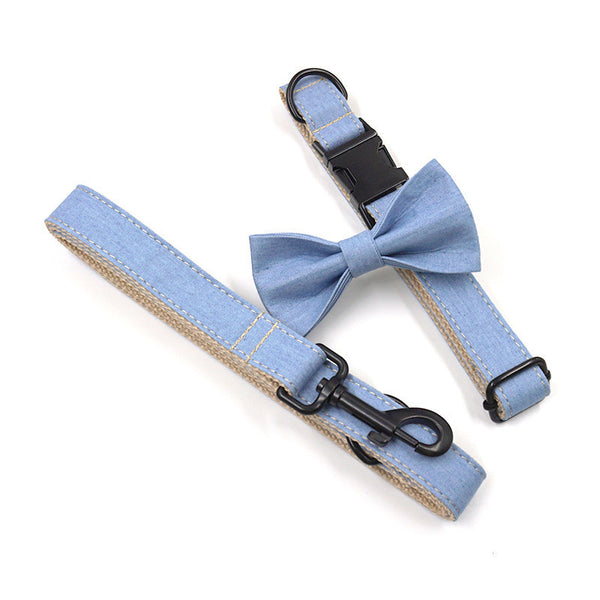 Denim Dog Collar Bow Tie Leash Set