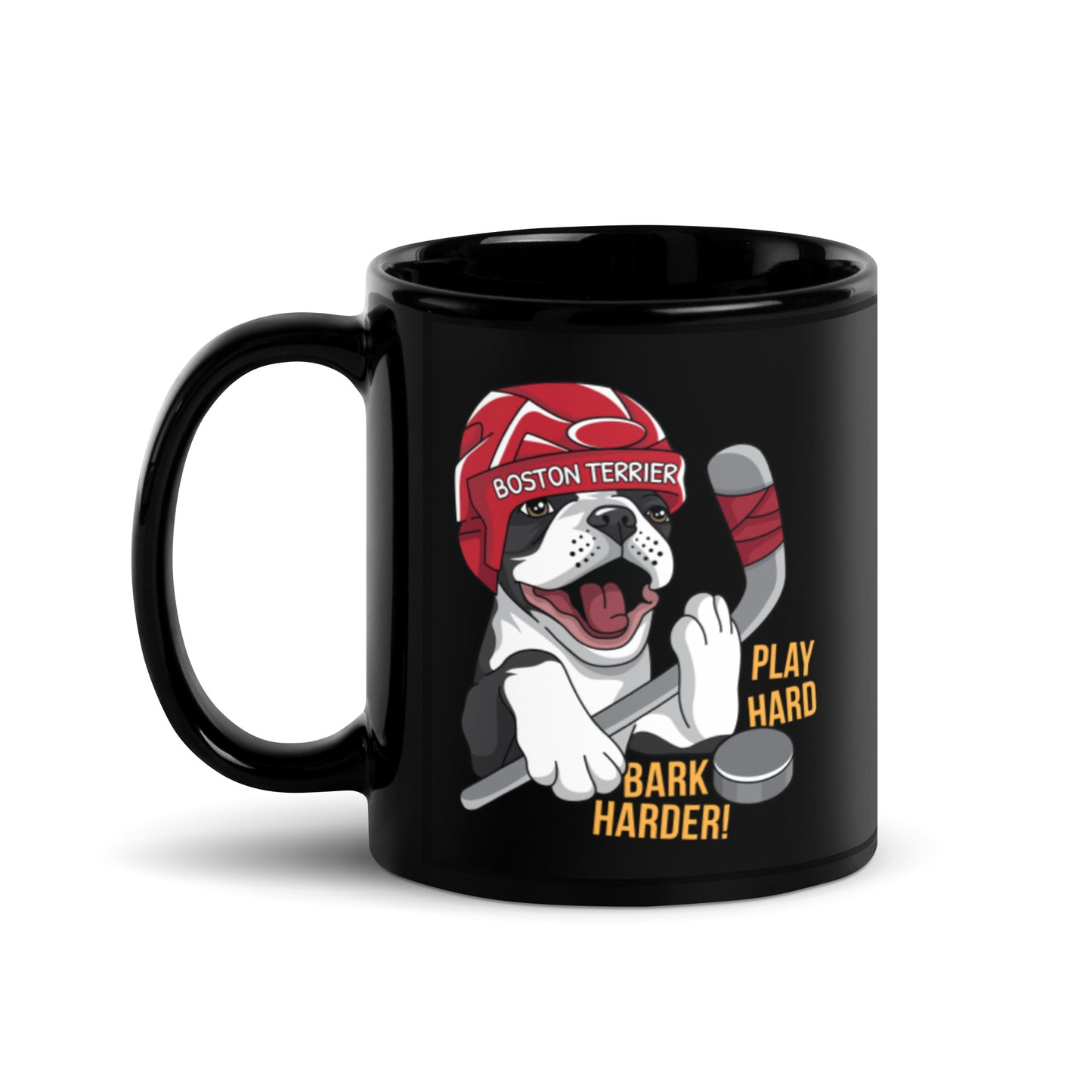 Hockey Boston Terrier Black Glossy Mug - Play Hard Bark Harder