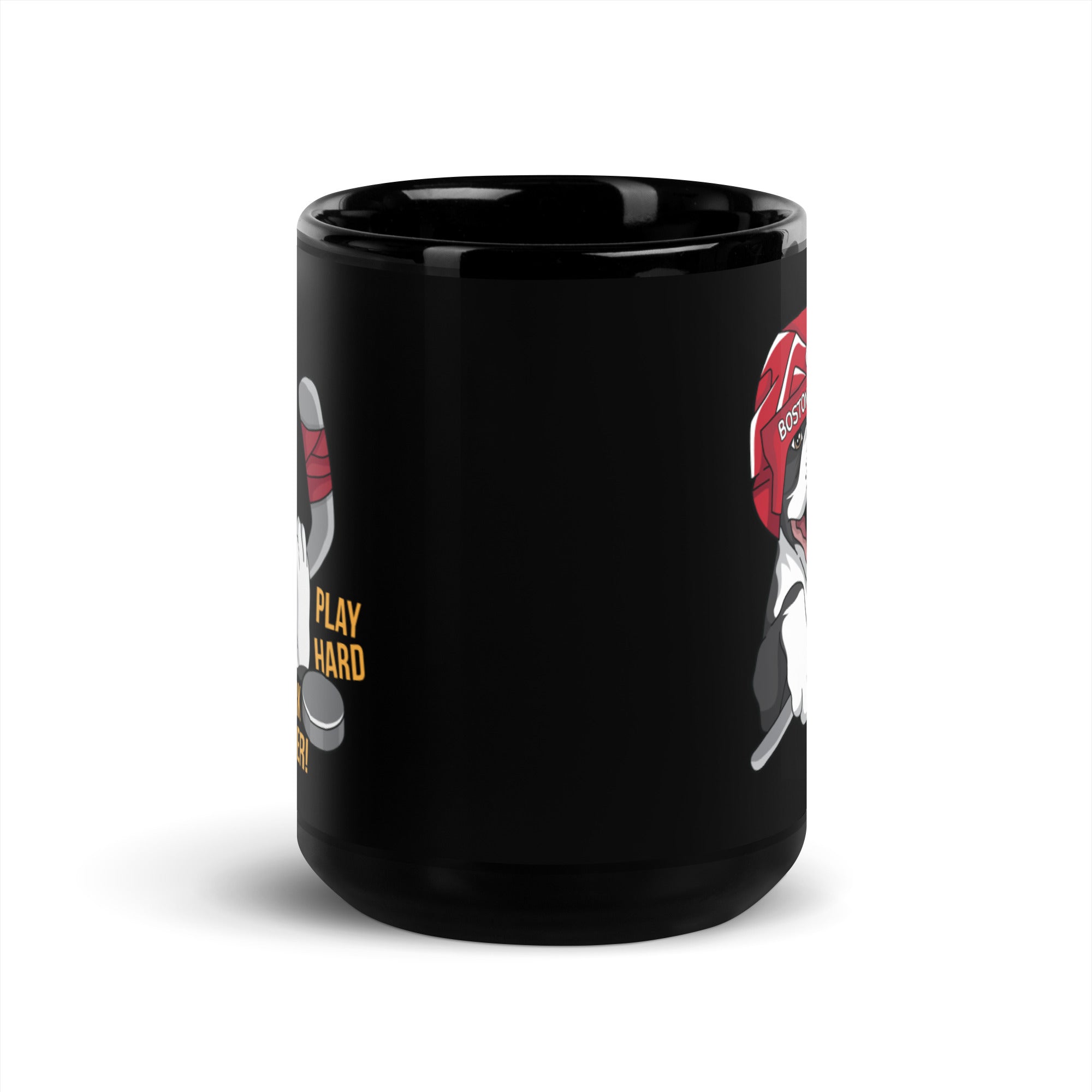 Hockey Boston Terrier Black Glossy Mug - Play Hard Bark Harder