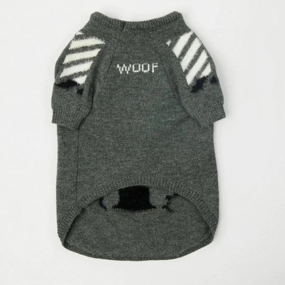 Knitted Pullover Woof Dog Sweater - Grey and White
