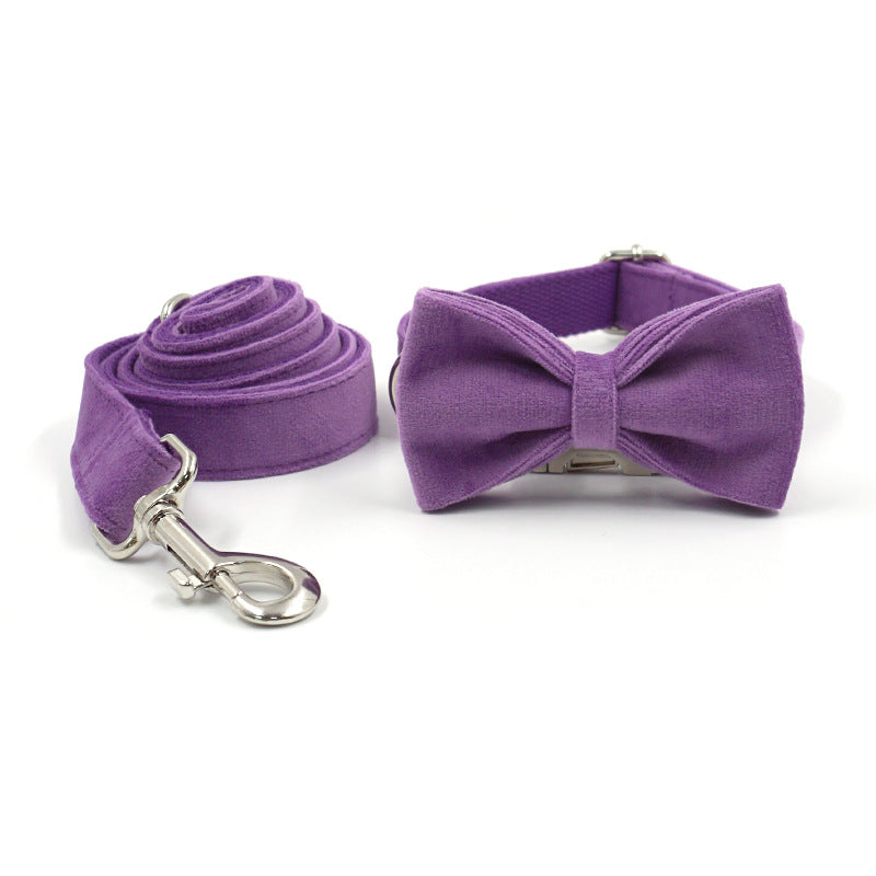 Purple Velvet Dog Collar Bow Tie Leash Set