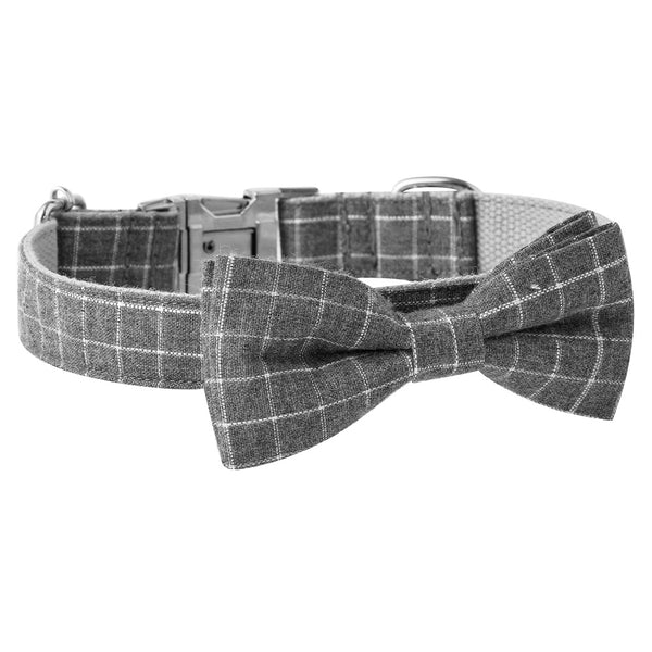 Plaid Dog Collar with Bow Tie - Black and Gray