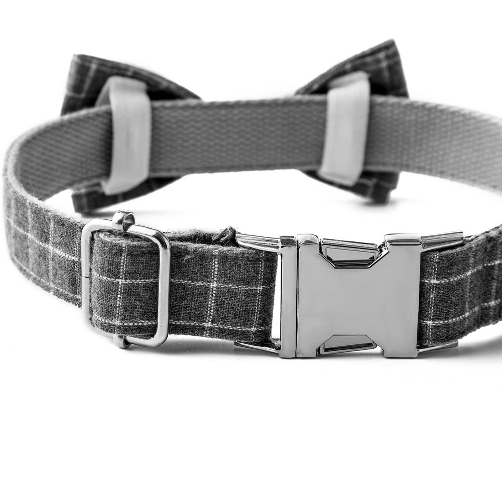 Plaid Dog Collar with Bow Tie - Black and Gray