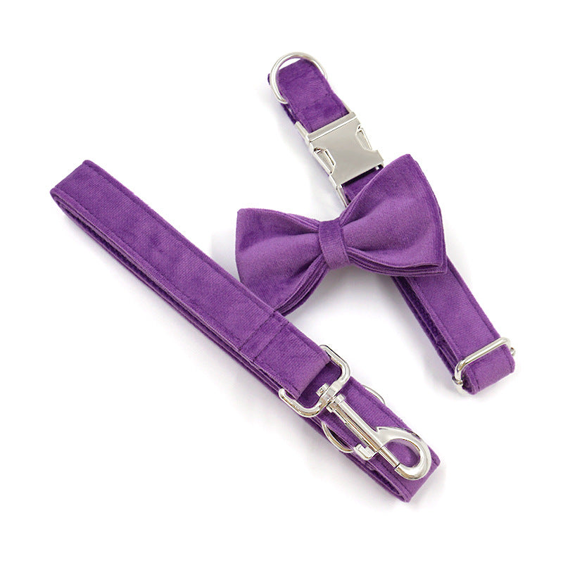 Purple Velvet Dog Collar Bow Tie Leash Set