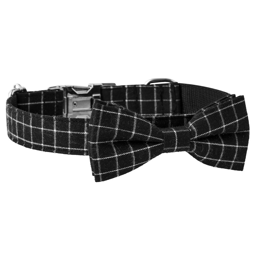 Plaid Dog Collar with Bow Tie - Black and Gray