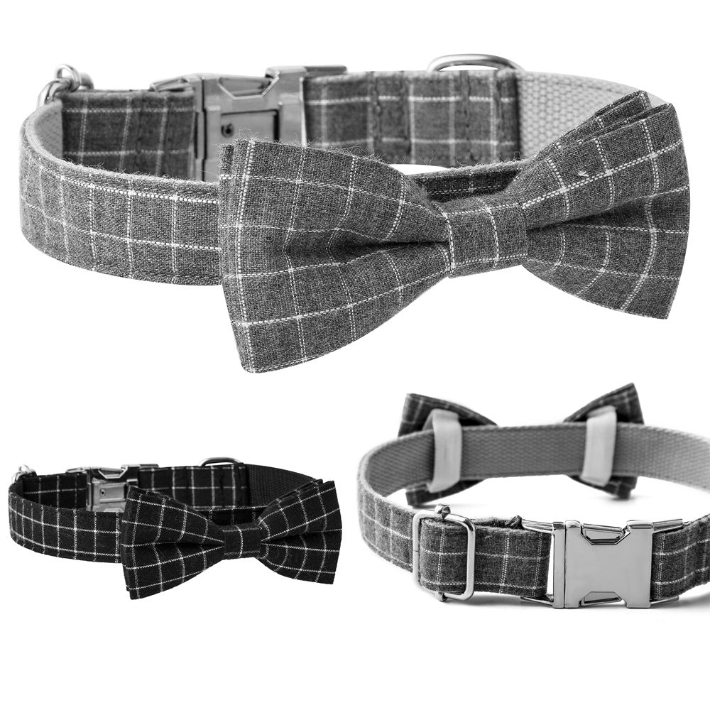 Plaid Dog Collar with Bow Tie - Black and Gray